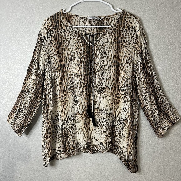 New Direction 100% Viscose Leopard Print Long Sleeve Blouse With Tassel - Picture 1 of 6